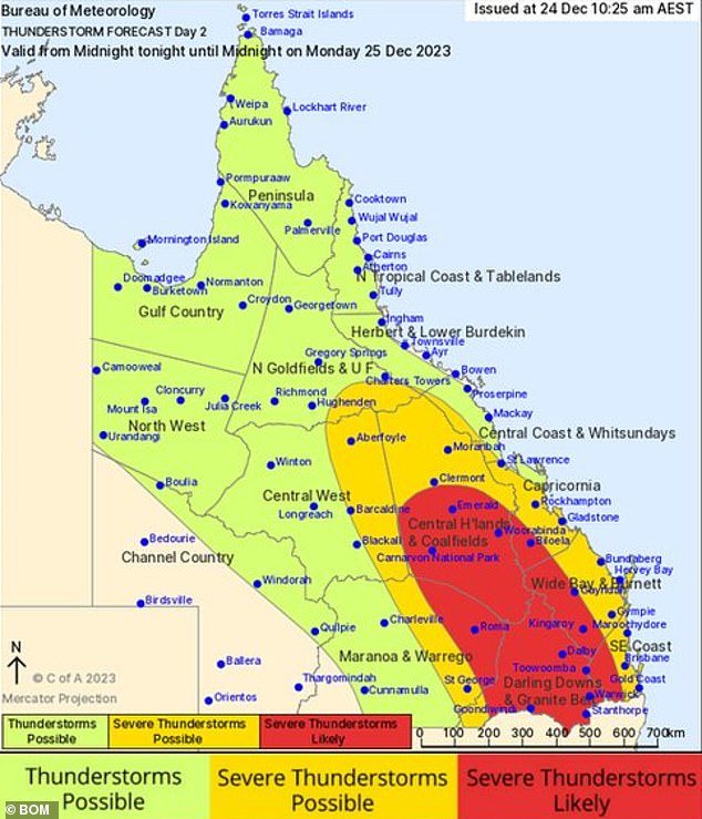 Areas in Queensland are expected to receive large amounts of rain in a short period of time and even hail on Sunday and Monday (pictured)