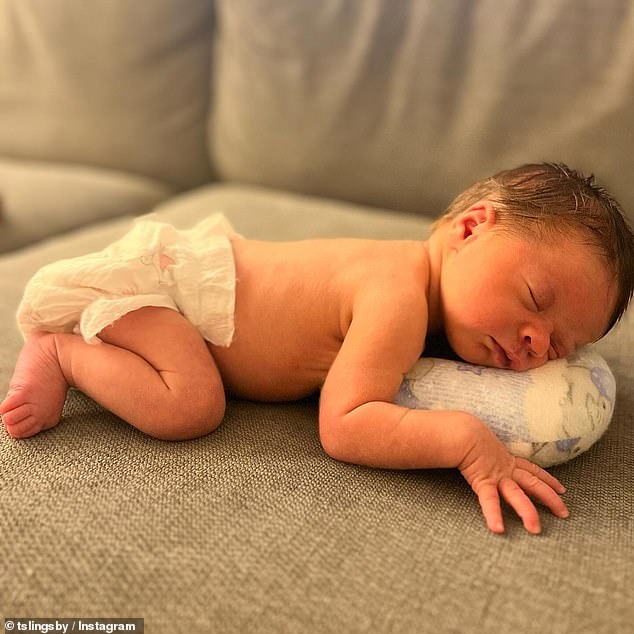 The couple shared the news on Instagram on Sunday evening, along with an adorable photo of their newborn son.  The tender image shows the toddler sleeping on a couch, with his head resting on a small pillow.  Pictured