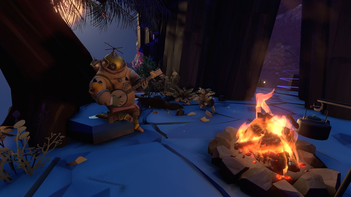 An astronaut positions himself next to a fire in Outer Wilds