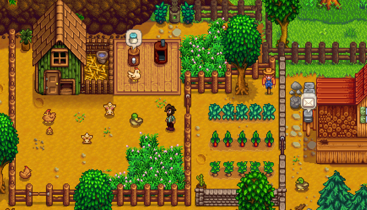 A screenshot from Stardew Valley, showing a person on a small farm.