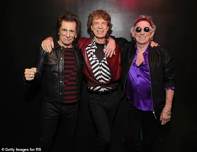 The band currently consists of Sir Mick Jagger, 80, Keith Richards, 80, and Ronnie Wood, 76 (seen above in October).  Drummer Charlie Watts passed away in August 2021 at the age of 80