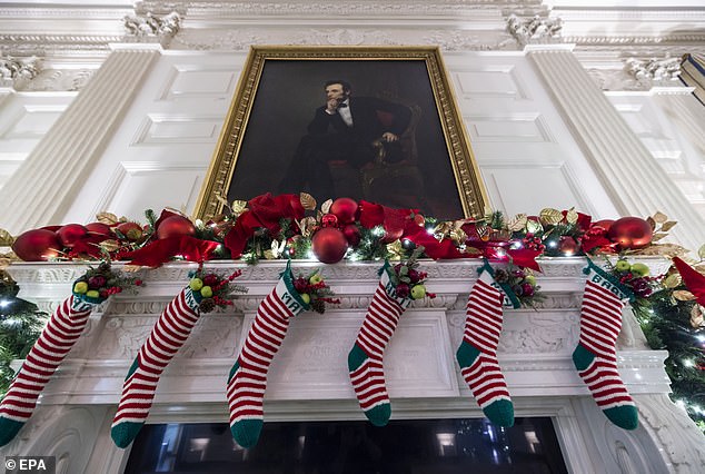 Over the past two years, the Bidens have hung stockings at the White House for six of their seven grandchildren — but never for their seventh grandchild, Navy Joan.  This year's Christmas display had no stockings