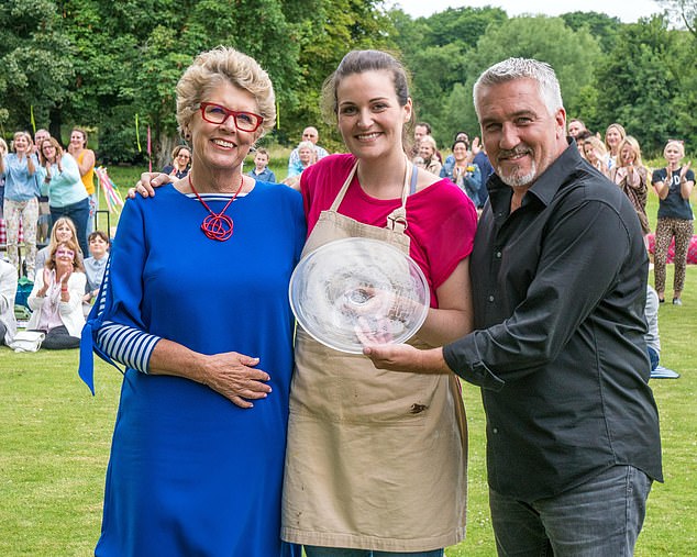 Sophie Faldo won the Bake Off crown during the show's 2017 season (pictured from left to right: Prue Leith, Sophie and Paul Hollywood)