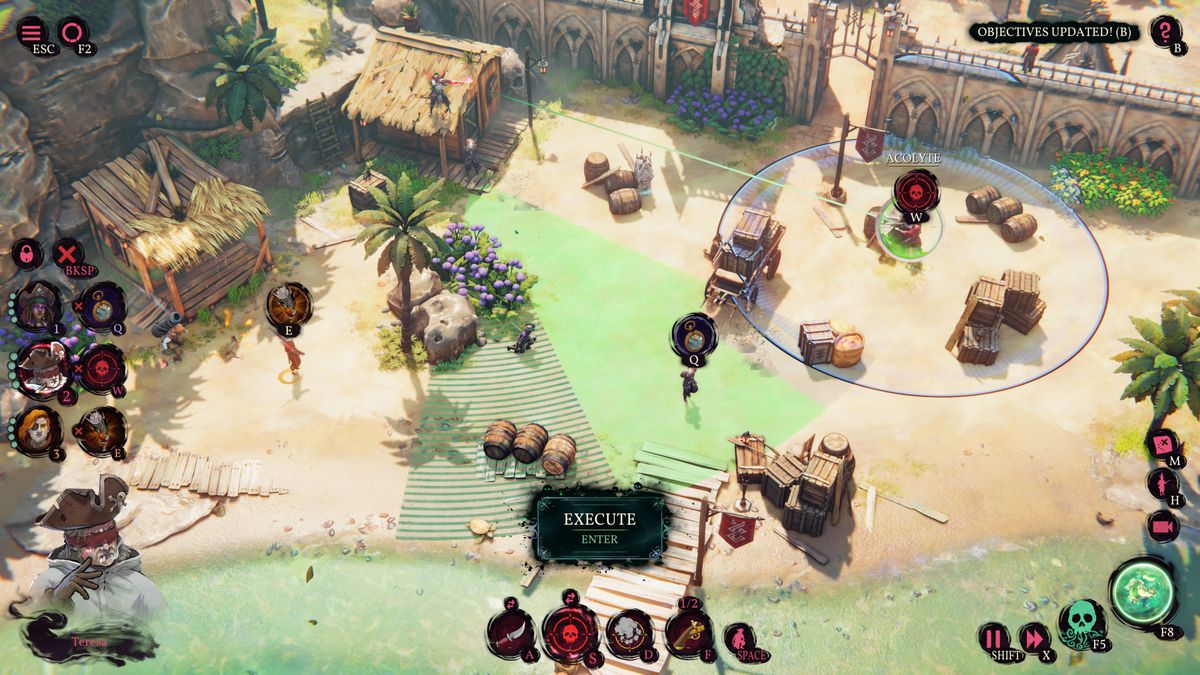 A screenshot from Shadow Gambit: The Cursed Crew showing the planning system with actions spread across multiple guards.