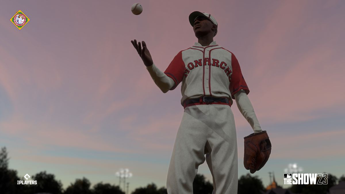 Satchel Paige of the Kansas City Monarchs throws a baseball in the air at dusk in the Storylines mode of MLB The Show 23