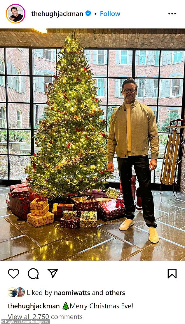 Hugh Jackman – who announced in September that he was divorcing his wife of 27 years, Deborra-lee Furness – proudly posed in front of his decorated tree with the caption: 'Merry Christmas Eve!'