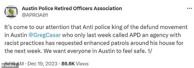 The politician was criticized in a message Tuesday by the Austin Police Retired Officers Association