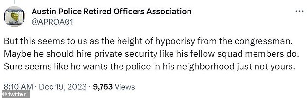 The Austin Police Retired Officers Association was unimpressed by his request for better patrols around his home by the same officers he has criticized.