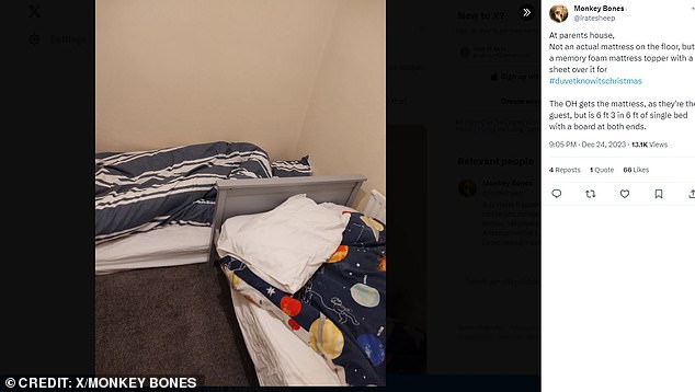 X user Monkey Bones shared this image of their sleeping arrangements, with two cramped single beds