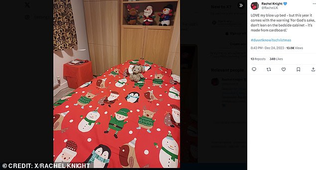 Rachel Knight has some Christmassy duvet covers on her blow-up bed