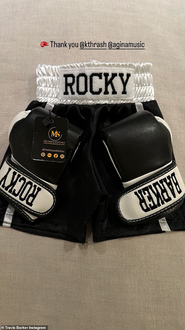 The gift consisted of a pair of black boxing gloves (one with 'Rocky' and the other with 'Barker') and black shorts with the word 'Rocky' on the waistband