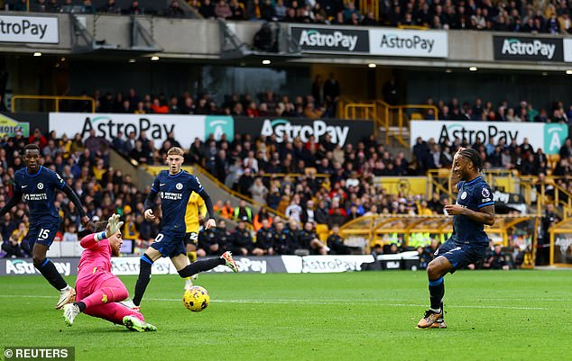 Raheem Sterling's shot was saved by Jose Sa after ignoring Cole Palmer and Nicolas Jackson