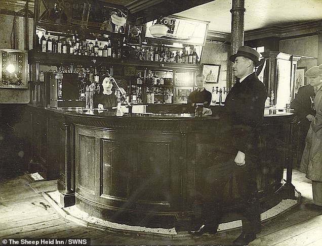 Historic photograph of the bar at The Sheep Heid Inn, Duddingston, Edinburgh, pictured in 1938