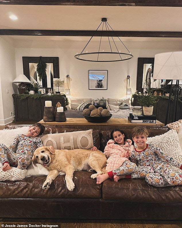 She then posted a photo of her daughter and sons relaxing with their family's golden retriever