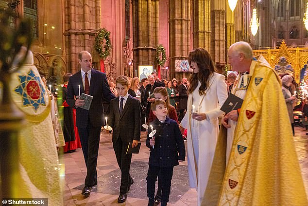 Prince William, Catherine, Princess of Wales, Prince George, Princess Charlotte and Prince Louis together during a carol service in Westminster Abbey, London