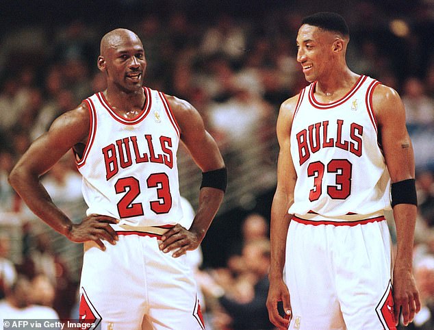 Basketball legend Michael Jordan is shown with his Chicago Bulls teammate Scottie Pippen in the NBA Eastern Conference finals against the Miami Heat at United Center in May 1997