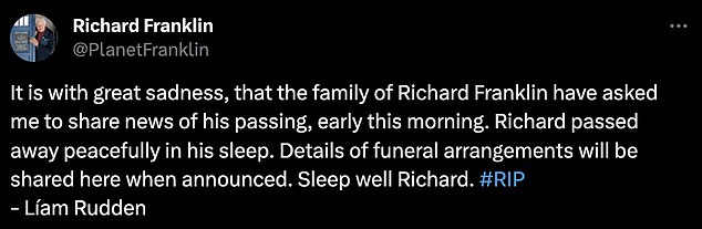 The news was confirmed via Richard's social media account by Líam Rudden, who shared the message on behalf of his family.