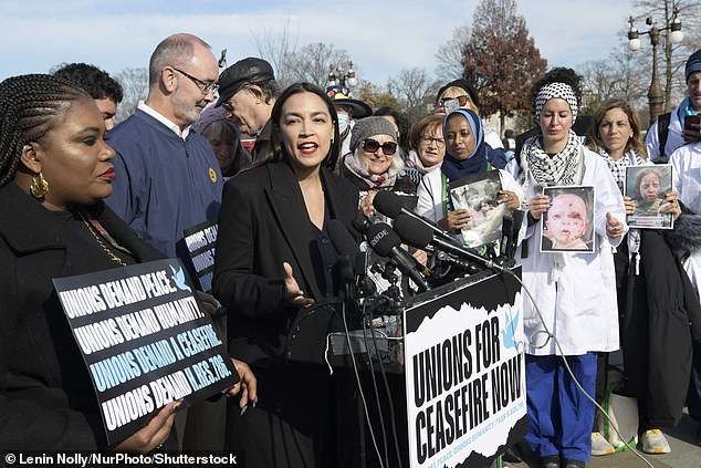 The Democrat called Israel a violent occupying force.  The post sparked outrage, with one Twitter user saying: '@AOC shows how much she hates Jews with a deplorable Christmas message that makes no mention of the hostages being held'