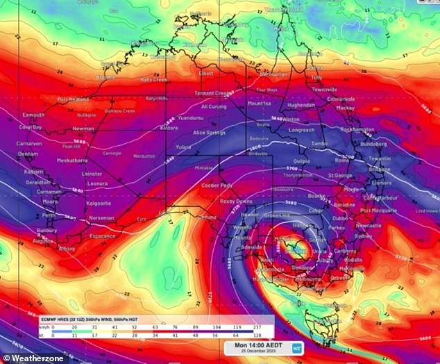 According to Weatherzone, winds exceeding 64 knots, in purple, are flowing in a jet stream across the country and causing much of the wild weather