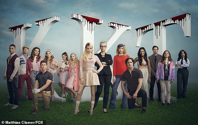 Lucien Laviscount, Glen, Nasim Pedrad, Nick Jonas, Billie Lourd, Ariana Grande, Abigail Breslin, Emma Roberts, Jamie Lee Curtis, Skyler Samuels, Diego Boneta, Keke Palmer, Oliver Hudson, Lea Michele and Niecy Nash are shown in a promo still for Scream Queens