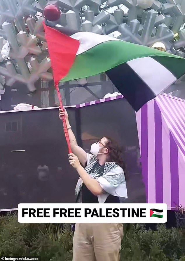 A second protester jumping onto the stage was filmed earlier on Sunday at a pro-Palestine event (pictured)