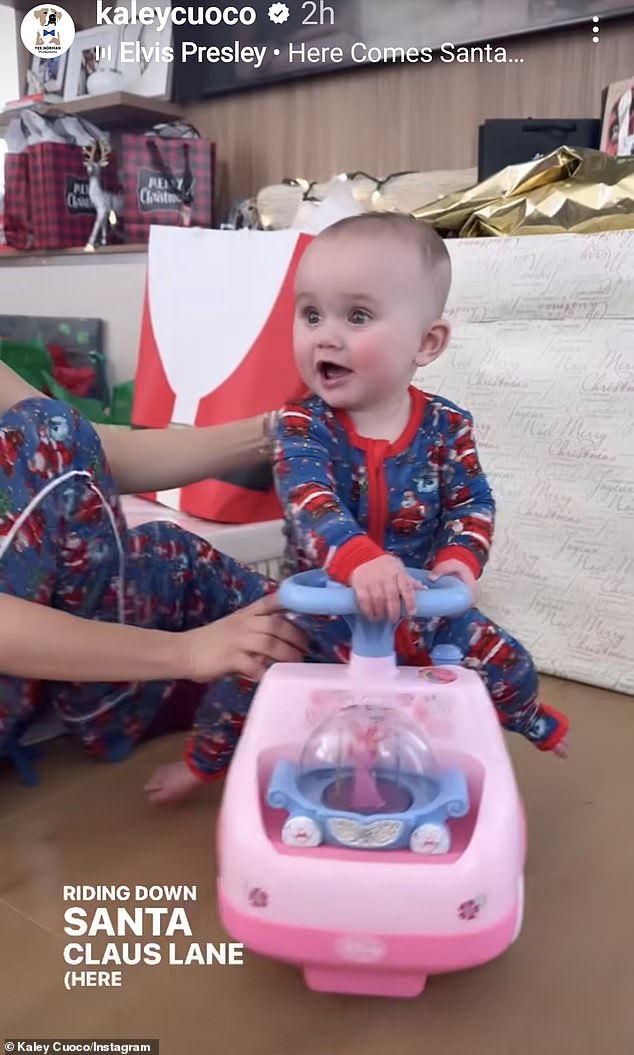 Both Cuoco and Matilda also wear matching blue Christmas pajamas for the video