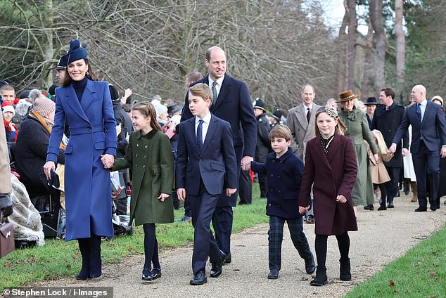The Prince and Princess of Wales attend church with their children, Princess Charlotte and Prince George, who held Mia Tindall's hand