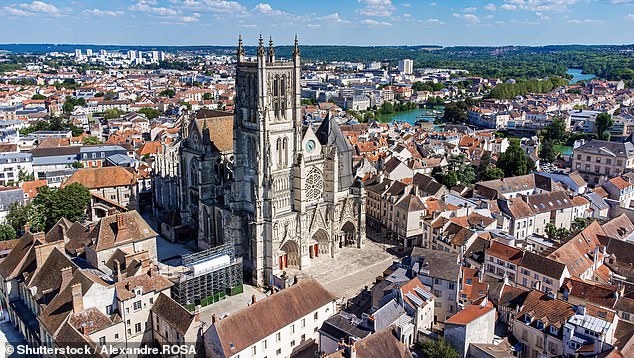 Following the grim discovery, a murder investigation has now been launched, with police hunting the children's 33-year-old father, who is said to be 'on the run' (aerial view of Meaux's Saint Etienne Cathedral)