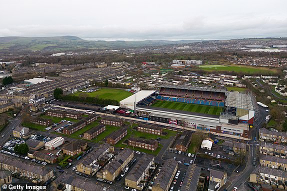 BURNLEY, ENGLAND - DECEMBER 26: An aerial view of Turf Moor is seen ahead of the Premier League match between Burnley FC and Liverpool FC on December 26, 2023 in Burnley, England.  (Photo by Lewis Storey/Getty Images)