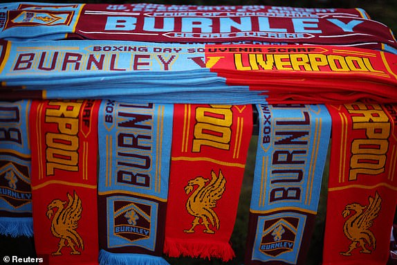 Football - Premier League - Burnley v Liverpool - Turf Moor, Burnley, Great Britain - December 26, 2023 General overview of merchandise available for purchase outside the stadium before the match REUTERS/Phil Noble NO USE WITH UNAUTHORIZED AUDIO, VIDEO, DATA, BRACELET LISTS , CLUB/LEAGUE LOGOS OR 'LIVE' SERVICES.  ONLINE USE IN THE CONTEST LIMITED TO 45 IMAGES, NO VIDEO EMULATION.  NO USE IN ANY BETTINGS, GAMES OR PUBLICATIONS FOR ANY CLUB/LEAGUE/PLAYER.