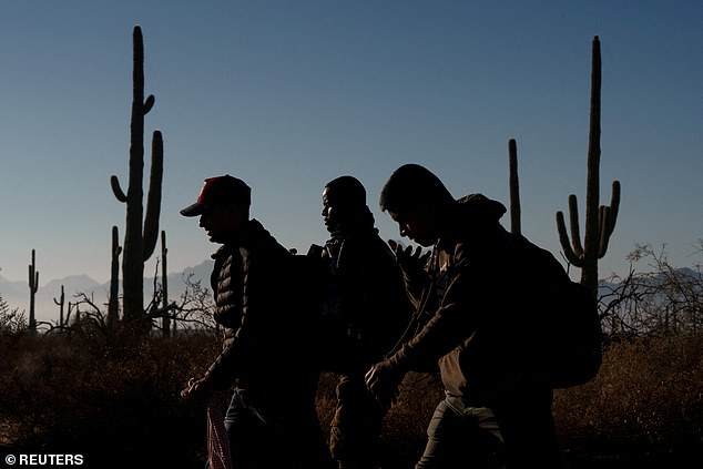 Migrants walk to a processing facility as directed by Border Patrol at the U.S.-Mexico border near Lukeville, Arizona, U.S., December 25, 2023