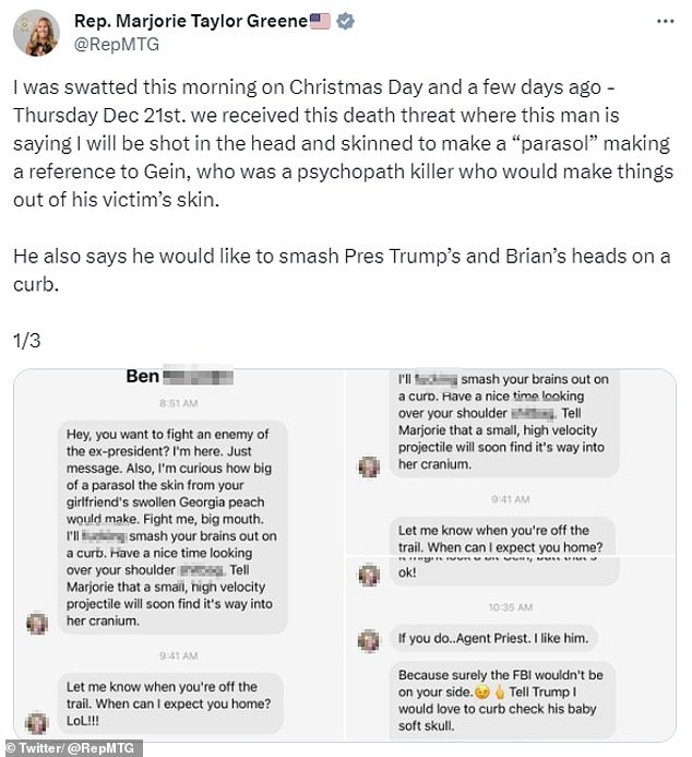 The Georgia Republican posted a screenshot of the vile message on her X account from a man claiming he wanted to make a 