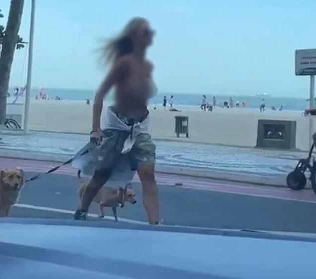 Caroline Werner took off her shirt and tied it around her waist while on a beach in Brazil before going for a walk with her dogs when she was stopped by Balneario Camboriu civilian police