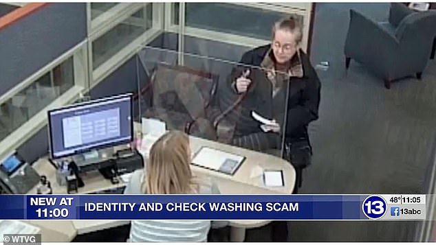 The suspect, pictured, then allegedly forged the check – as part of a scam known as 'check washing' – and used the details to create a fake ID and withdraw money from the account her victim at the bank.