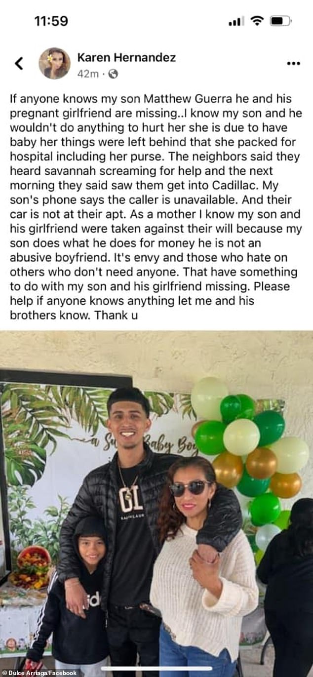 Her boyfriend Matthew Guerra is also missing and some accuse him of being involved.  Guerra's mother denied the allegations against her son: 'I know my son and he wouldn't do anything to hurt her'