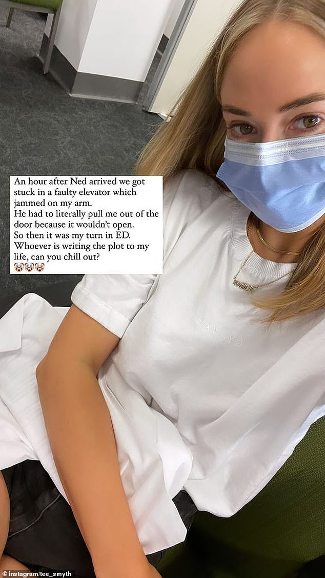 In an Instagram story, she explained that her arm was stuck in a malfunctioning elevator and her new boyfriend Ned had to help her to the emergency department.  “He literally had to pull me out the door because it wouldn't open,” she captioned a photo of herself in the hospital