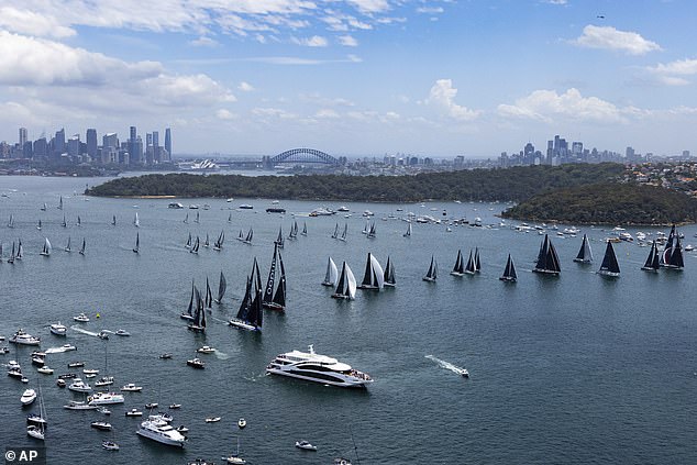 There was drama at the start of the race (pictured) as Scallywag was protested - but the real trouble started for the field as they sailed along the NSW coast