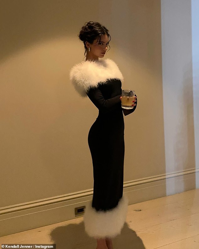 The 28-year-old supermodel - who celebrated with sister Kim Kardashian and others - accentuated her slim figure in a figure-hugging black dress, complete with white fur trim at the neck and hem.