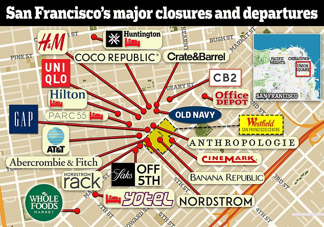 A map shows the major companies that have left or are planning to leave San Francisco in recent months