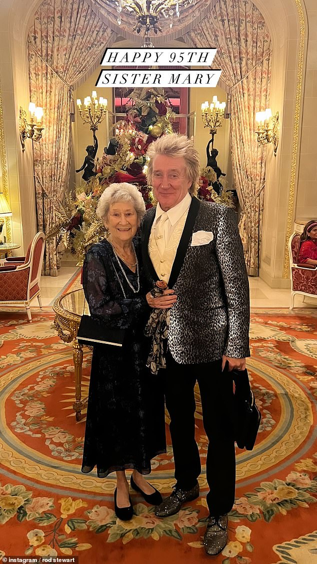 Rod, the youngest of five children, also posed for a photo with his glamorous sister on his Instagram Stories and wrote: 'Happy 95th sister Mary'