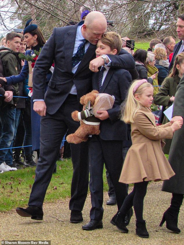 Former England rugby star Mike Tindall, 45, who is married to the King's niece Zara, was lovingly touched by ten-year-old Prince George's hair after the service.