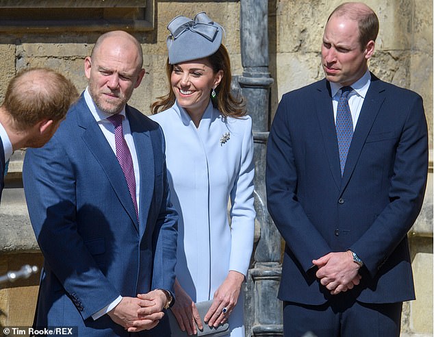 The Prince and Princess of Wales are regularly photographed with a smile on their faces when Mike is around.  Pictured: Harry, Mike, Kate and William during an Easter Sunday service in 2019