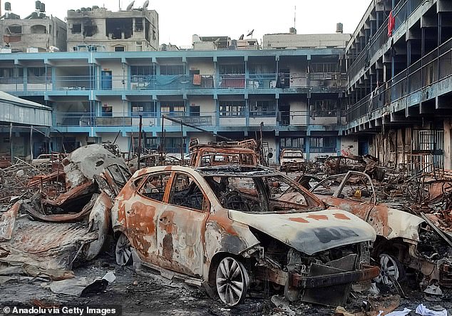 A general view of the Khalifa Bin Zayed School, destroyed after the Israeli attacks, in Beit Lahia, Gaza, on December 26, 2023