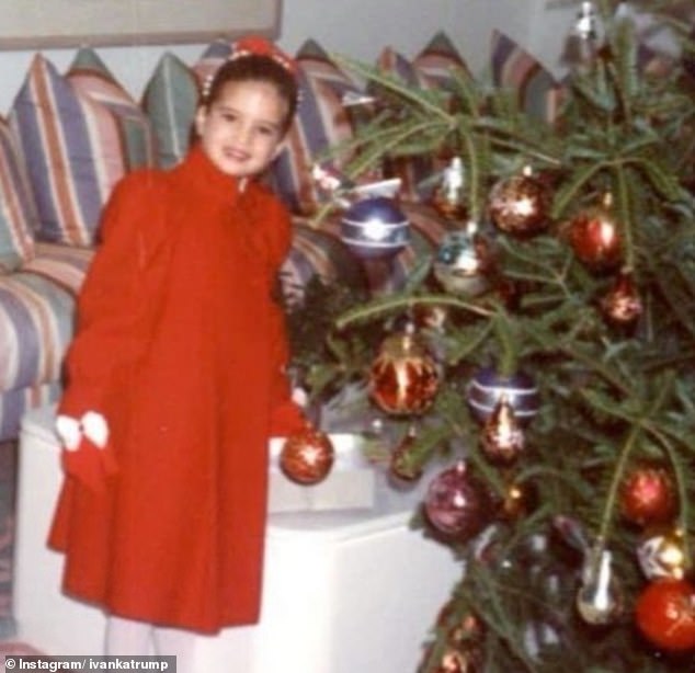 She also posted a throwback photo of herself as a child, standing next to a carefully decorated Christmas tree, wearing a red pea coat