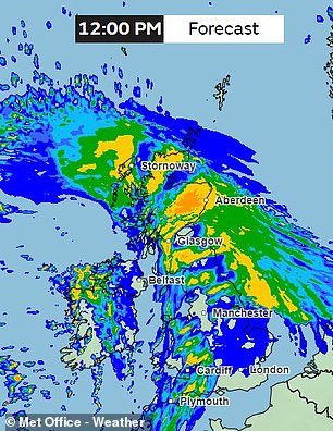 The Met Office forecast predicts heavy rain in northern England and Scotland