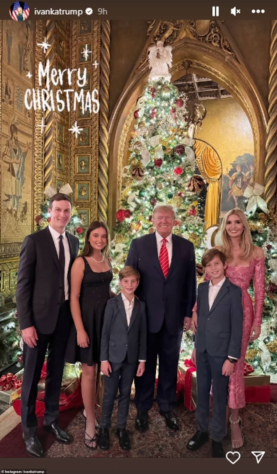 Ivanka also uploaded a photo of her family later in the evening, standing in front of an extravagant Christmas tree with her father the day after Christmas.  The family dressed up for the celebration, with the mum-of-three simply adding a Merry Christmas gif to her Instagram Story.