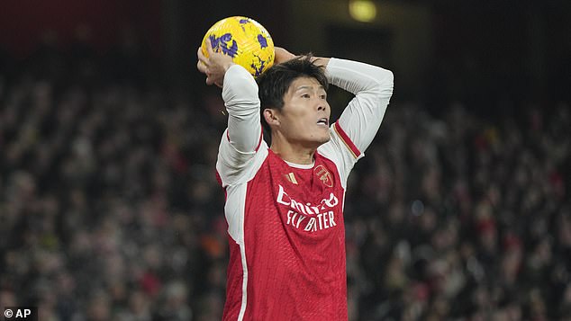 Takehiro Tomiyasu (pictured), like Partey, will miss the match against West Ham and could also miss a month of international action if Japan participates in the Asian Cup