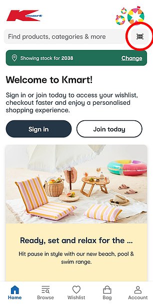 She said to go to the Kmart app and tap the barcode symbol in the top right corner next to the search bar