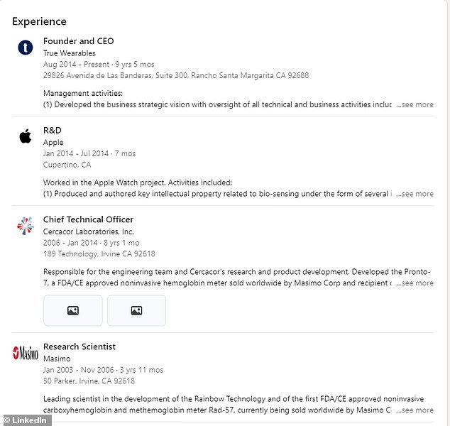 Lamego's LinkedIn profile shows his work history, starting with Masimo in 2003 and ending with Apple in 2014. He then started True Wearables