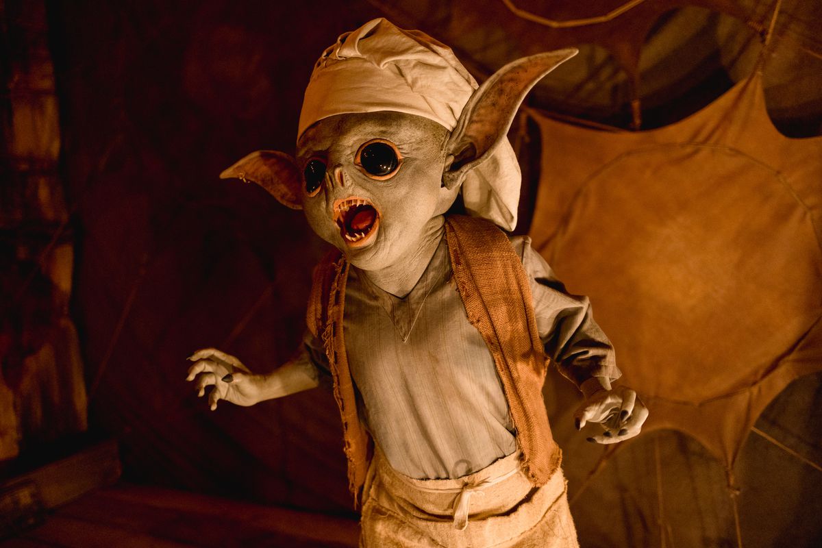 Close-up of a Gobin, a small goblin creature dressed like a farmer with a nightcap